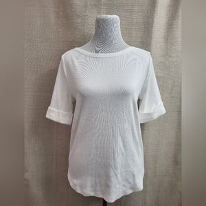 Talbots Women's White Ribbed Knit Stretch Boat Neck 3/4 Sleeve Top Size Lg NWT